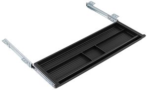 Black sliding keyboard tray with adjustable metal brackets, designed for under-desk mounting.