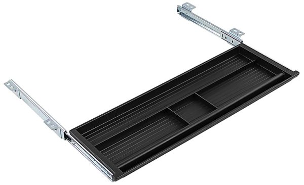Black sliding keyboard tray with adjustable metal brackets, designed for under-desk mounting.
