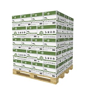 Pallet stacked with boxes of Hammermill X9 multi-purpose copy paper in green packaging.