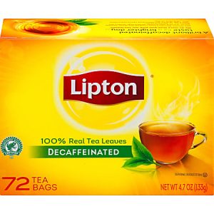 Lipton decaffeinated tea box with 72 bags, featuring a cup of tea and green leaves on a vibrant yellow background.