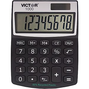 Victor 1000 calculator displaying numbers 1 to 8 with a keypad, made from 50% recycled plastic.