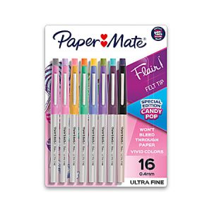 Pack of 16 Paper Mate Flair felt tip pens in various colors, ultra-fine 0.4mm, special edition Candy Pop.