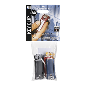 Pack of 24 colorful Durable key clips in a plastic bag, with a display card showing usage example.