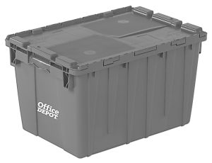 Large gray storage tote with a secure lid and "Office Depot" logo on the side.