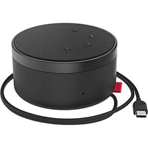 Black circular speaker with control buttons on top, a USB-C cable attached, and a red tab with brand logo.