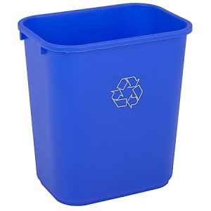 Blue recycling bin with a white recycling symbol on the front, used for collecting recyclable materials.