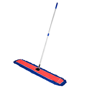 Red and blue floor mop with a long handle, featuring a rectangular head and fringe for cleaning.