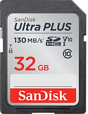 SanDisk Ultra PLUS SDHC card, 32GB, 130MB/s speed, V10, Class 10, black and red design.