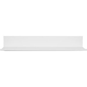 White floating wall shelf with a minimalist design and a thin, sleek profile against a plain background.