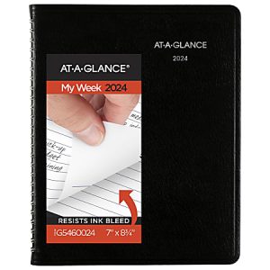 Black AT-A-GLANCE 2024 planner with spiral binding, showcasing "My Week" feature and ink bleed resistance. Size 7"x8-3/4".