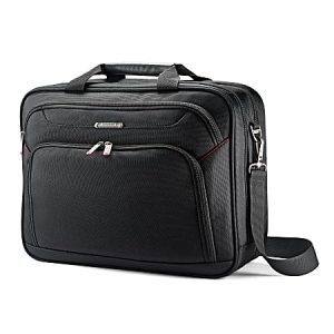 Black laptop bag with multiple compartments, front pocket, handle, and shoulder strap against a white background.