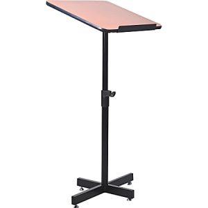 Adjustable black stand with angled wood tabletop and cross-shaped base.