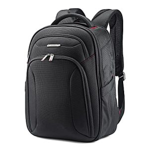 Black laptop backpack with multiple compartments, padded straps, and a front zipper pocket, designed for travel and business use.