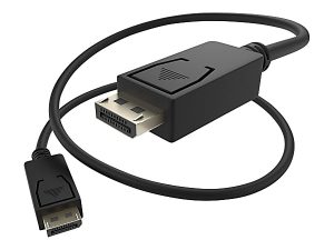DisplayPort to HDMI cable with black connectors, coiled with visible connectors on both ends, on white background.