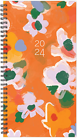 2024 spiral planner with abstract floral design on an orange background.
