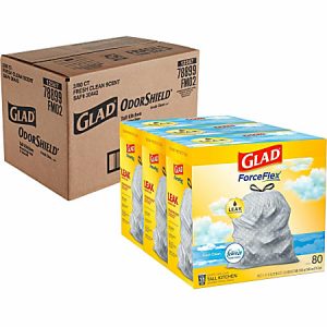 Glad OdorShield and ForceFlex trash bags in a cardboard box and colorful packaging, 80 count, fresh clean scent.