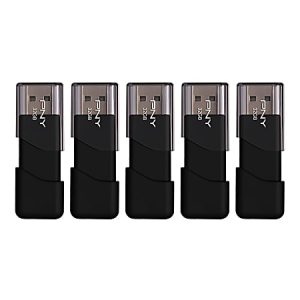Five black and silver PNY 32GB USB flash drives in a row, each with a protective cap.