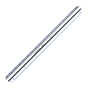 Triangular scale ruler with multiple measurement graduations in black and white, used for precision drawing and drafting.