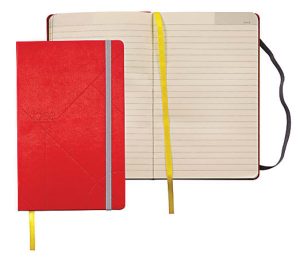 Red leather-bound notebook, one closed with a gray elastic strap, and one open showing lined pages and a yellow bookmark.