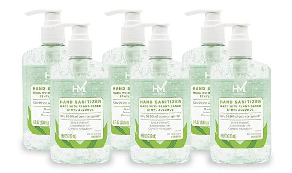 Six bottles of Highmark hand sanitizer with plant-based ethyl alcohol, featuring aloe and vitamin E, each 8 fl oz.