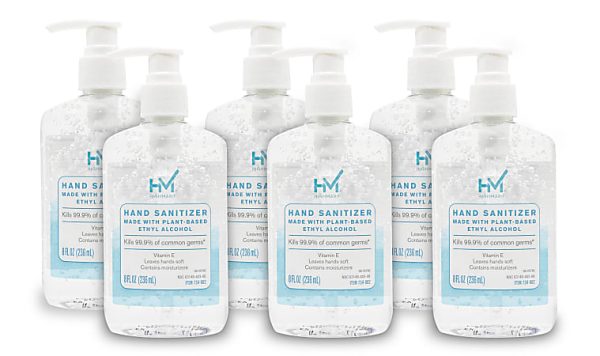 Six bottles of hand sanitizer with pumps, labeled as plant-based ethyl alcohol, 8 fl oz each, arranged in two rows.