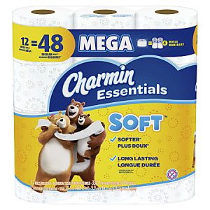 Charmin Essentials Soft toilet paper pack with bears holding rolls, 12 Mega equals 48 regular rolls, softer and long-lasting.