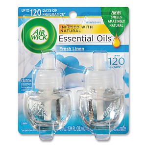 Air Wick Essential Oils Fresh Linen scented oil refills pack of 2, promising up to 120 days of natural fragrance.
