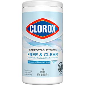 Clorox Compostable Wipes Free & Clear, 75 count, fragrance-free, safe for kids, pets, and food.