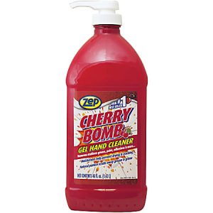 Bottle of Zep Cherry Bomb Gel Hand Cleaner with pump top, 48 fl oz. Label highlights grease-removing properties.
