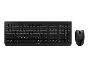 Black wireless keyboard and mouse set on a white background.