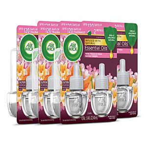 Four packs of Air Wick Essential Oils refills with a floral design, offering up to 120 days of fragrance each.