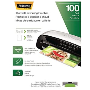 Fellowes thermal laminating pouches box, 5 mil thickness, 100 pack, suitable for all thermal laminators, image of laminated photo.