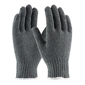 Gray knitted gloves with a ribbed texture, slightly raised cuffs, laid flat side by side on a plain white background.