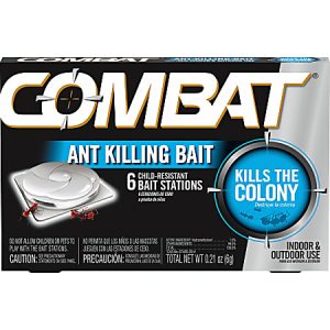 Combat Ant Killing Bait packaging featuring 6 child-resistant bait stations for indoor and outdoor use.