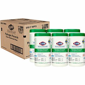 Box and six containers of Clorox Healthcare Hydrogen Peroxide Cleaner Disinfectant Wipes.