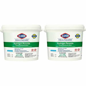 Two tubs of Clorox Healthcare Hydrogen Peroxide Cleaner Disinfectant Wipes with green and white labels.