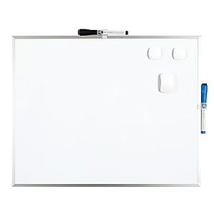 Whiteboard with three small magnets, a black marker on top, and a blue marker attached on the side.