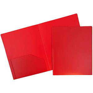 Red presentation folder with pockets, one open and one closed, displayed on a plain white background.