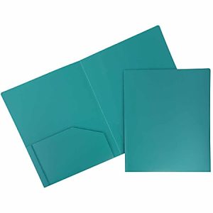 Teal two-pocket folder, open to display interior pockets and a separate matching single sheet beside it.