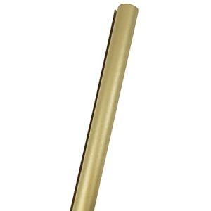 Roll of gold metallic wrapping paper on a white background, partially unrolled and positioned upright.