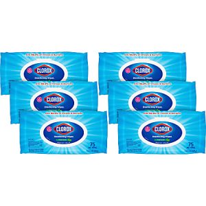 Six packs of Clorox disinfecting wipes, blue packaging, 75 wipes each, arranged in two rows.