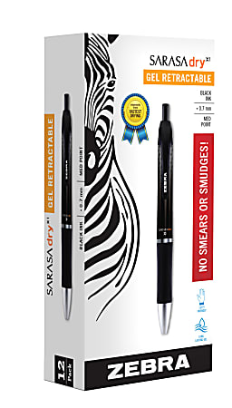 Zebra Sarasa Dry X1 gel retractable pen packaging with zebra design, featuring 12 black ink pens, 0.7 mm tip, no smudge.