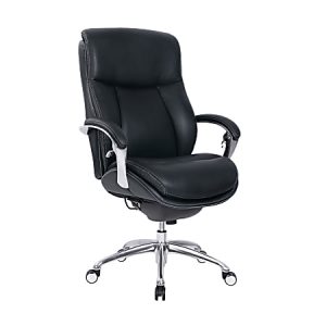 Black leather office chair with armrests and chrome base, featuring adjustable height and swivel wheels.