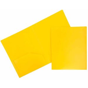 Two bright yellow presentation folders, one open showing an inner pocket, the other closed, on a white background.