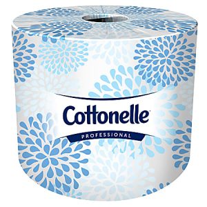 Cottonelle Professional toilet paper roll with blue floral design on packaging.