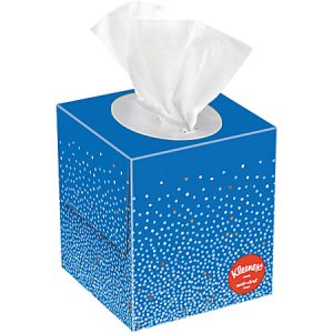 Blue tissue box with a dotted design and tissues protruding from the top, labeled Kleenex anti-viral tissues.