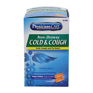 Box of PhysiciansCARE Non-Drowsy Cold & Cough caplets for cold, cough, and flu relief. Contains 100 coated caplets.