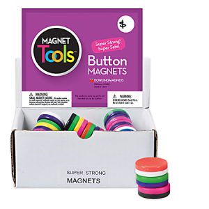 Box of colorful button magnets labeled "Magnet Tools". Includes purple, green, pink, black, and orange magnets.