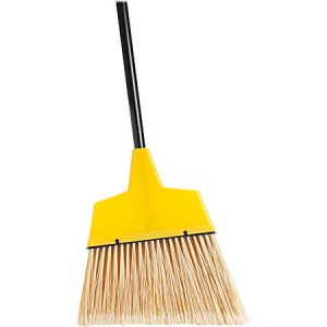 Yellow and black angled broom with stiff natural bristles, designed for efficient sweeping of floors.