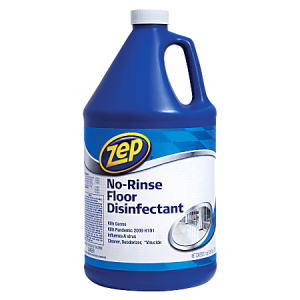 Blue gallon bottle of Zep No-Rinse Floor Disinfectant, kills germs and viruses, with handle and white cap.